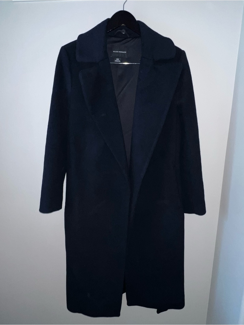 Club Monaco Black Long Wool Coat with Notched Collar